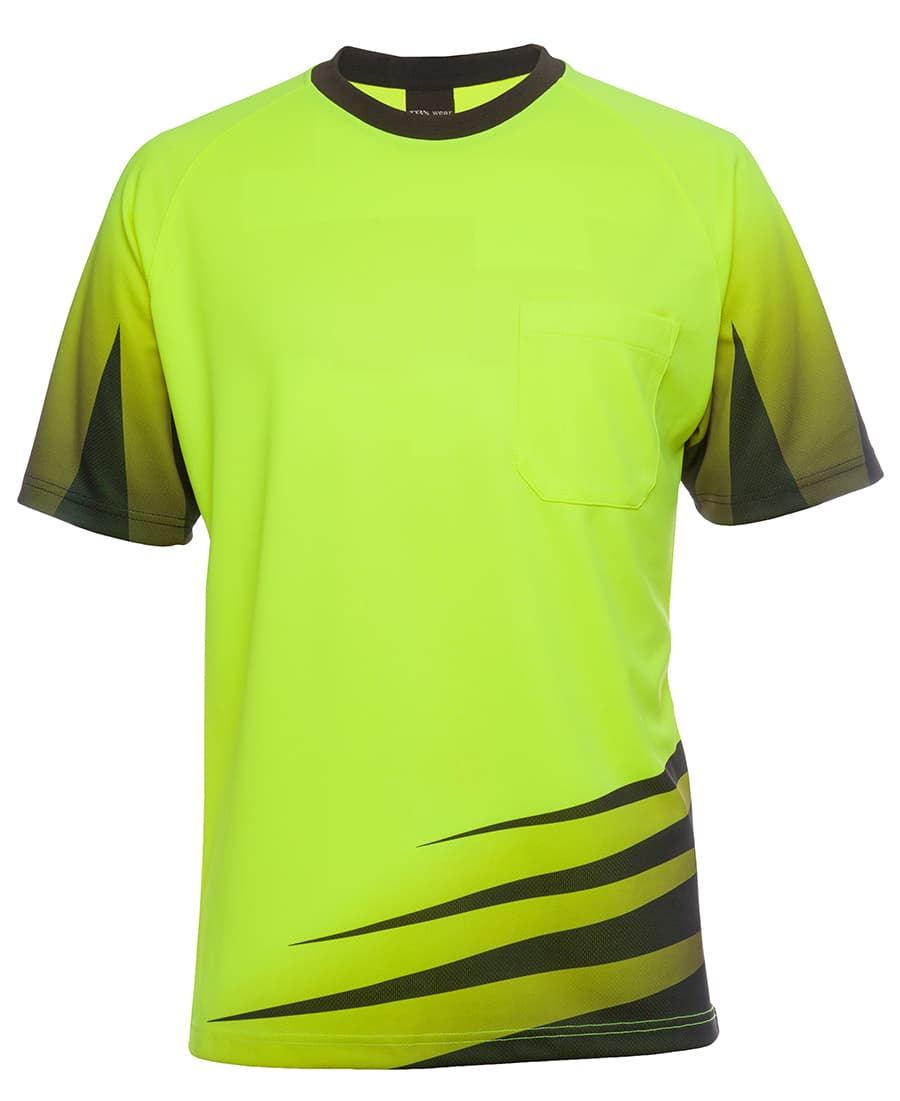 A short-sleeved work tee in bright yellow with a pocket and dark green accents. Features logo branding. JB's Hv S/S Rippa Sub Tee - Image 1