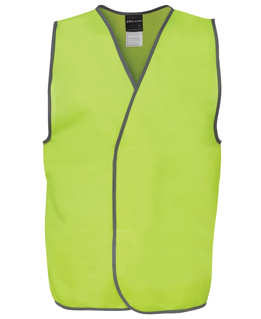 A high-visibility safety vest in bright yellow with grey trim and a logo. JB's Hv Safety Vest - Image 1