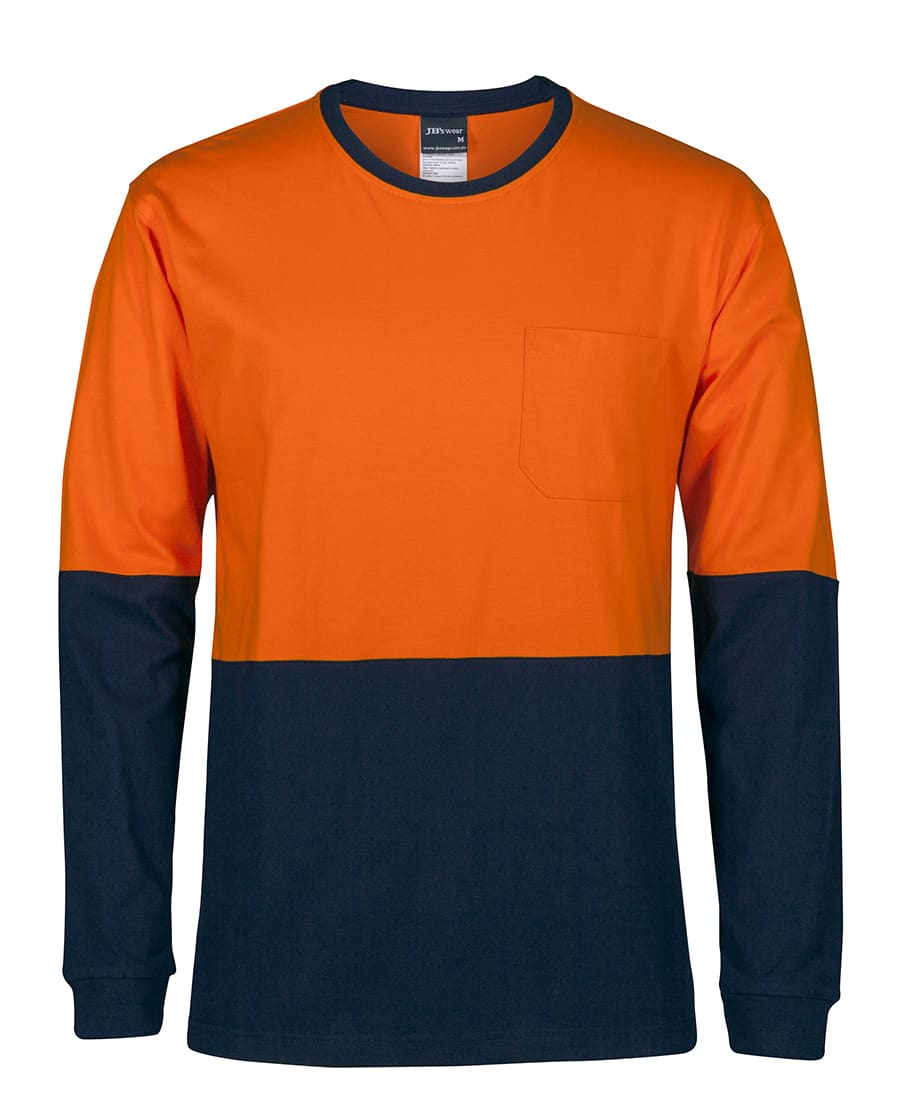 A long-sleeved crew neck cotton t-shirt in orange and navy blue with a pocket and logo. JB's Hv L/S Crew Neck Cotton Tshirt - Image 1