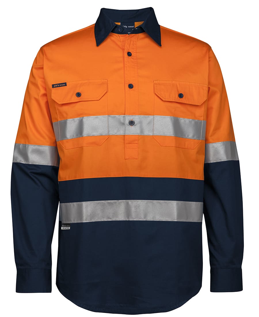 An orange and navy long-sleeve work shirt featuring reflective stripes and two front pockets, with branding. JB's Hv (D+N) Close Front L/S 150 G W/Shirt - Image 1