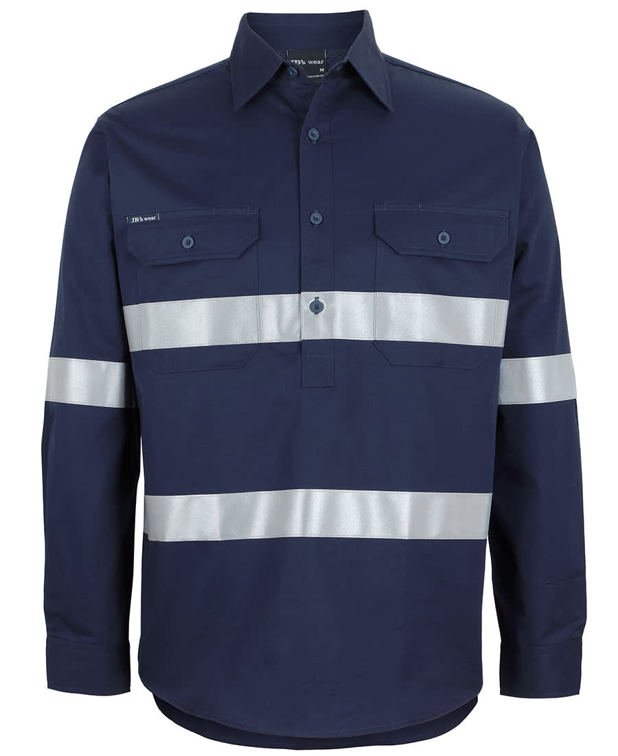 A navy long-sleeve work shirt featuring reflective tape and two front pockets, with a logo. JB's Close Front L/S 150 G W/Shirt Reflective Tape - Image 1
