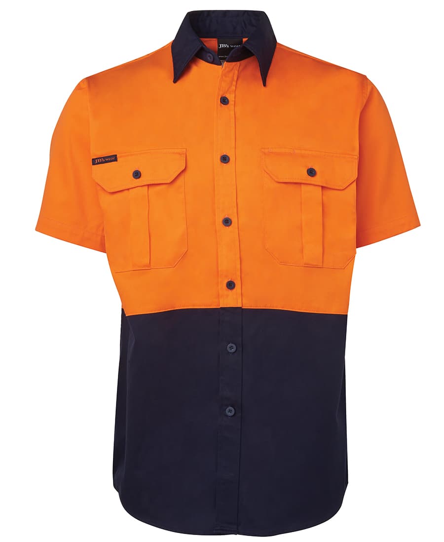 An orange and navy short-sleeve work shirt with two chest pockets and a logo. JB's Hv S/S 190 G Shirt - Image 1