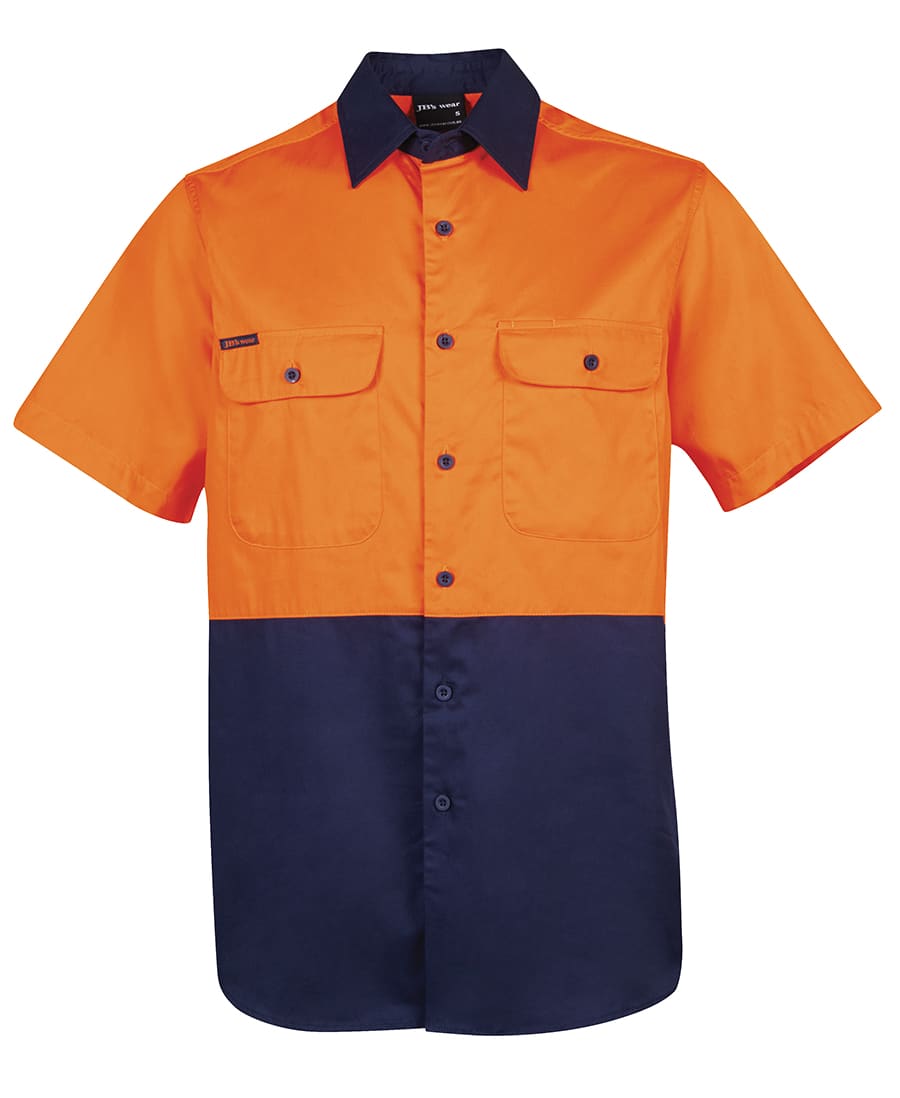 An orange and navy short-sleeved work shirt featuring two chest pockets and a logo. JB's Hv S/S 150 G Shirt - Image 1