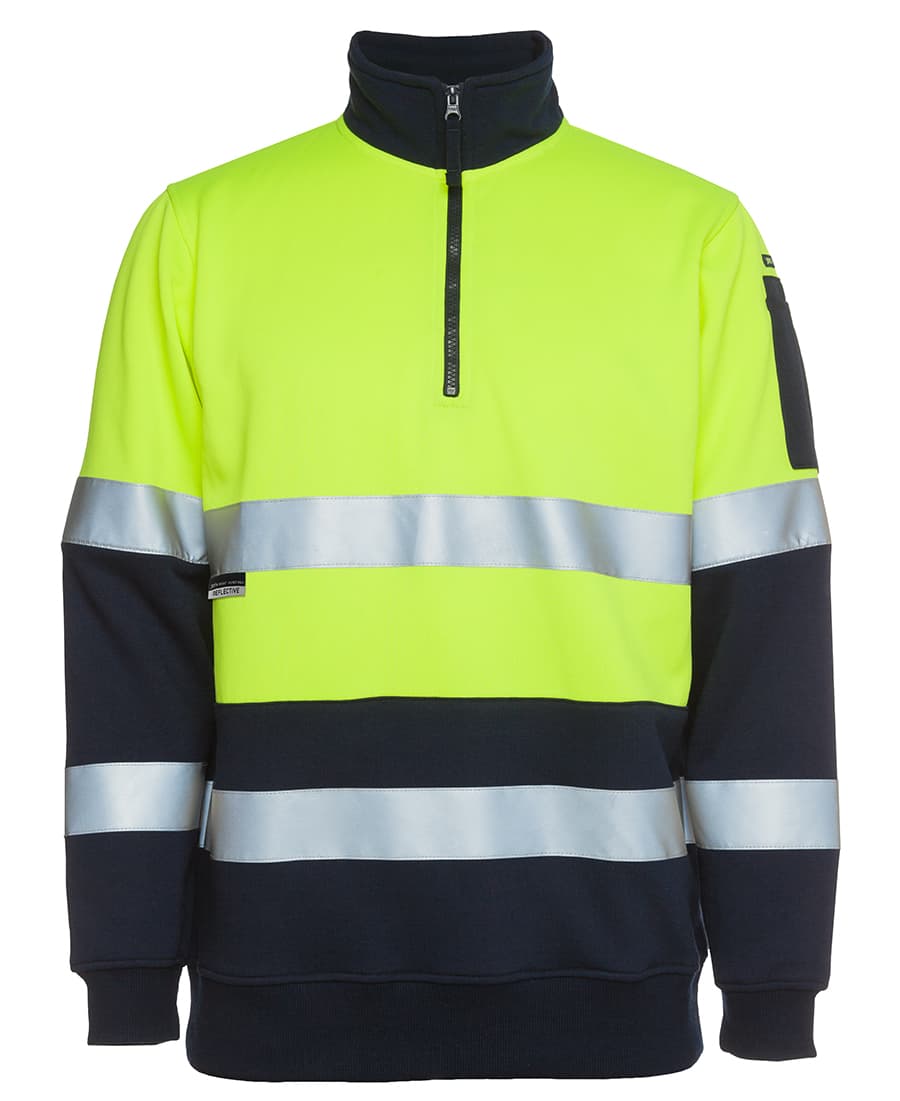 A bright yellow and navy 1/2 zip fleece jumper featuring reflective stripes and a logo. JB's Biomotion (D+N) 1/2 Zip Fleecy Sweat - Image 1