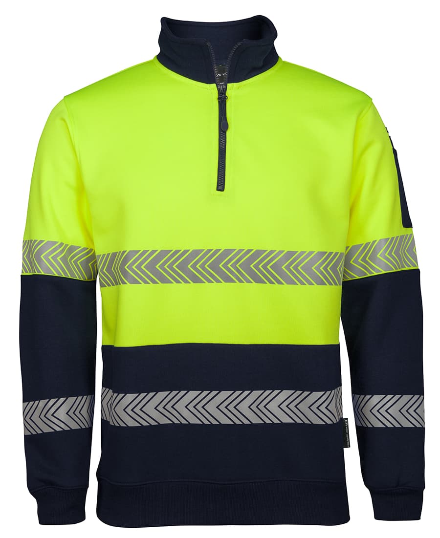 A high-visibility fleece jumper in bright yellow and navy blue, featuring reflective segmented stripes and a zip neck. JB's Hv 1/2 Zip Segmented Tape Fleecy - Image 1