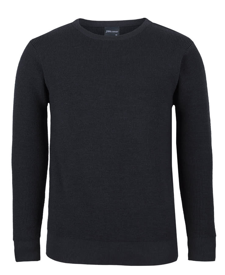 A black chunky crew neck jumper with a ribbed texture and long sleeves. It features a logo on the inside collar. JB's Chunky Crew Neck Jumper - Image 1