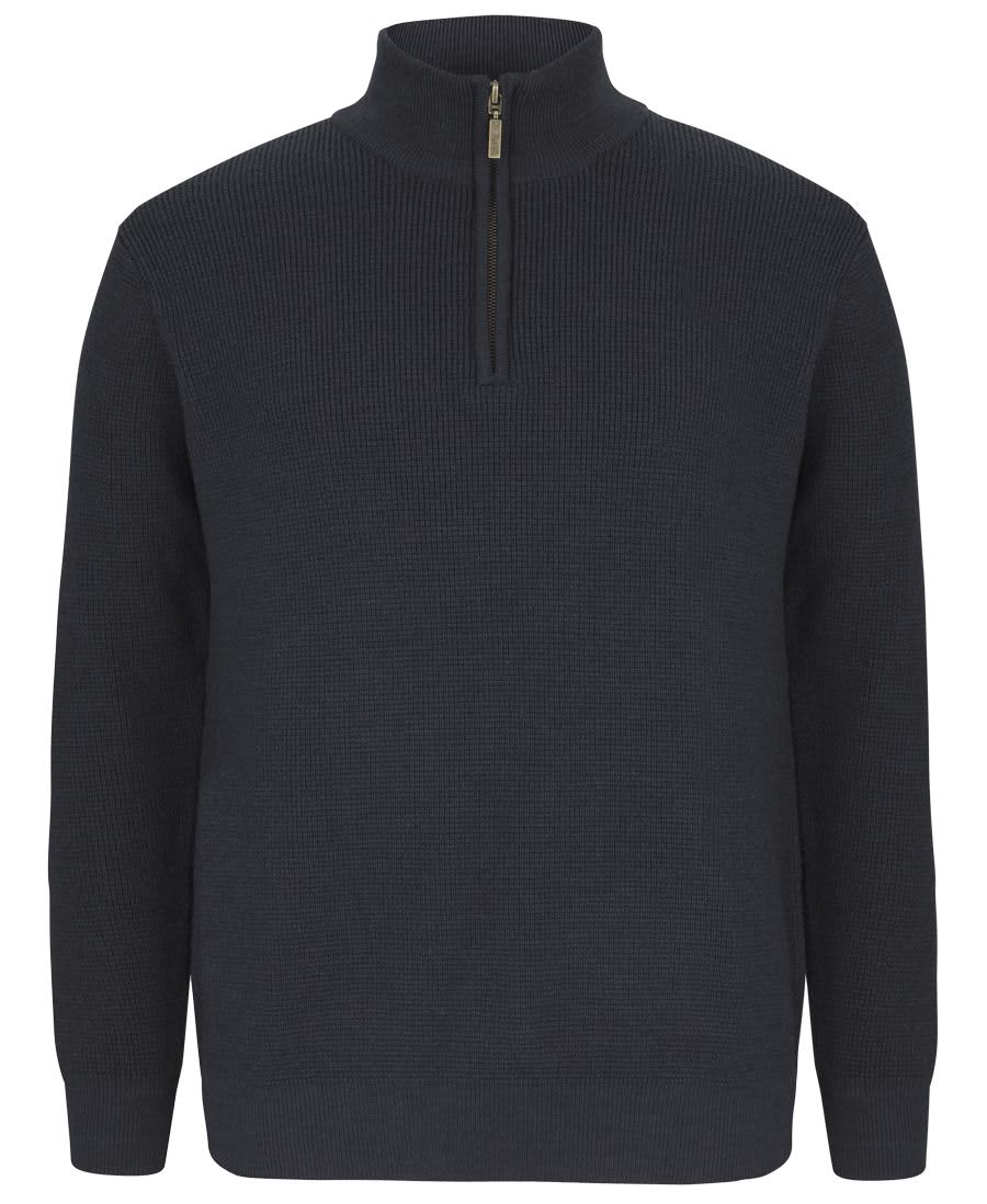 A chunky half-zip jumper in dark grey, featuring ribbed texture and a zip collar. It has a logo on it. JB's Chunky 1/2 Zip Jumper - Image 1
