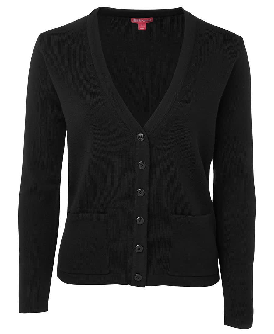 A black knitted cardigan with a v-neck, button front, and two front pockets. Features a logo on the label. JB's Ladies Knitted Cardigan - Image 1