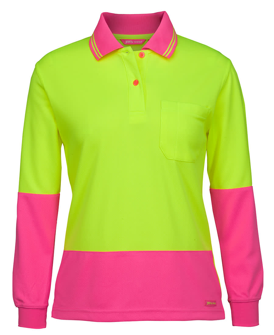 A long-sleeve polo shirt in lime green and hot pink, featuring a pocket and a logo. JB's Ladies Hv L/S Comfort Polo Lime/Navy - Image 1