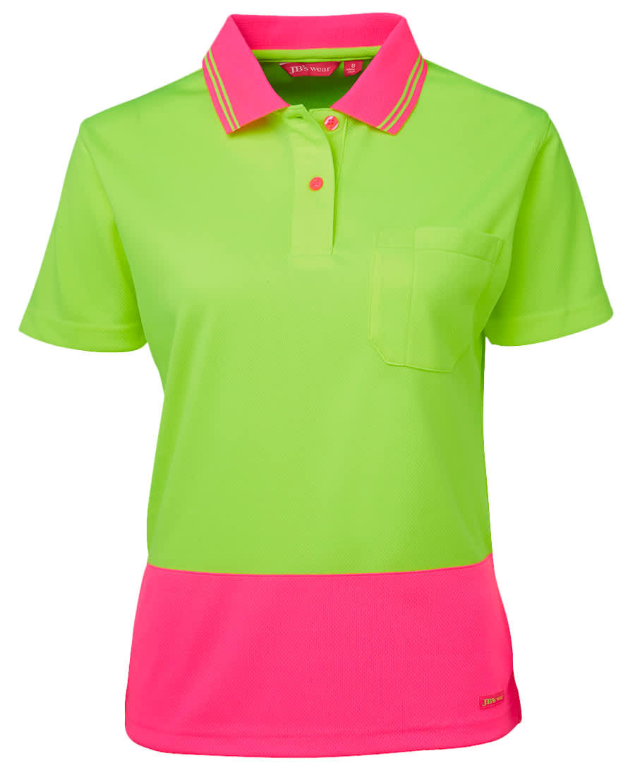 A ladies' short-sleeve polo shirt in vibrant neon green with a pink lower panel and a chest pocket. It features a logo. JB's Ladies Hv S/S Comfort Polo - Image 1