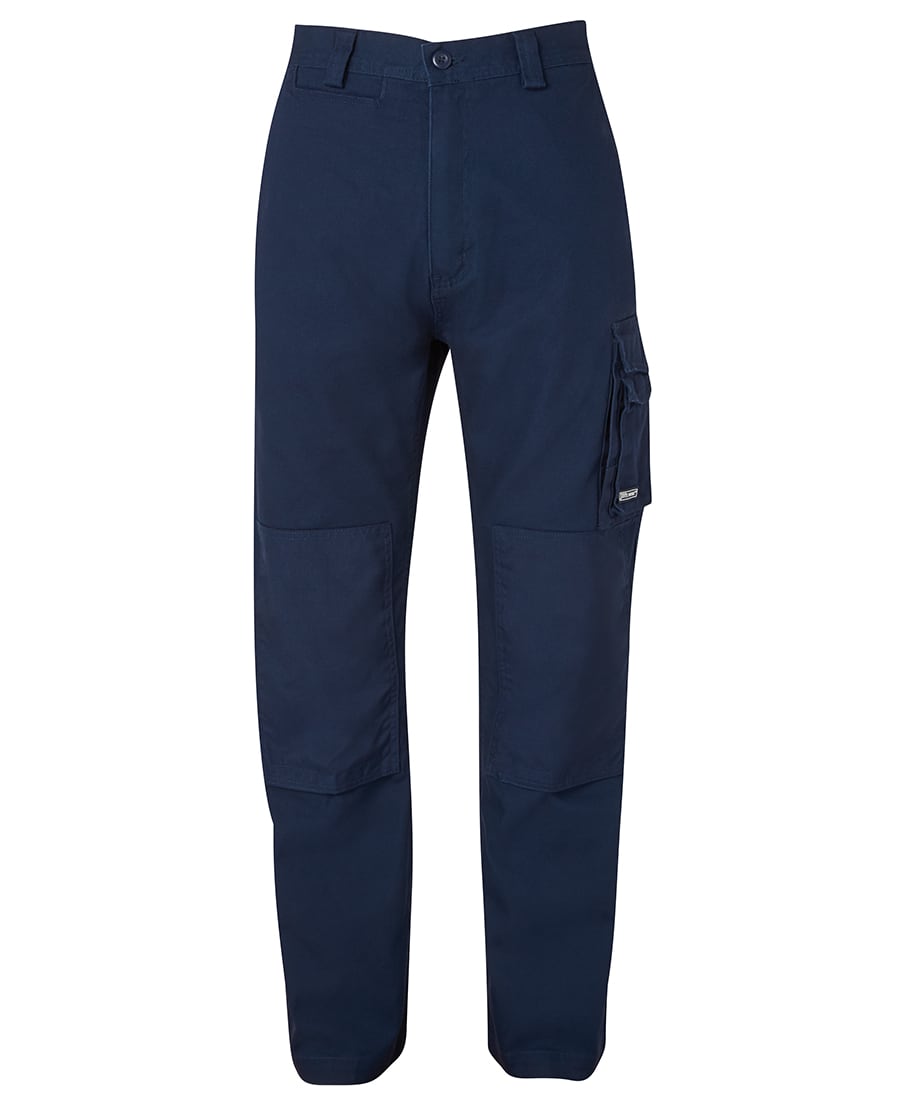 Navy cargo pants featuring multiple pockets and a logo. The design includes sturdy materials and a relaxed fit. JB's Canvas Cargo Pant - Image 1