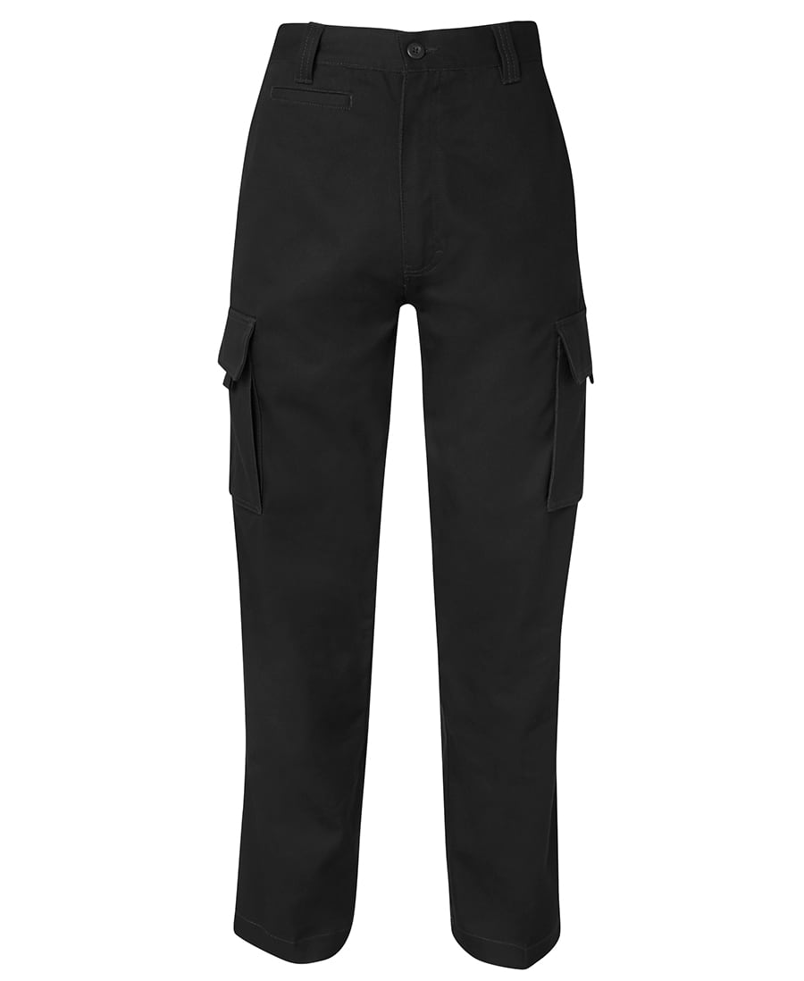 Black cargo pants featuring pockets on the sides, with a button closure at the waist. Includes a logo. JB's - Image 1