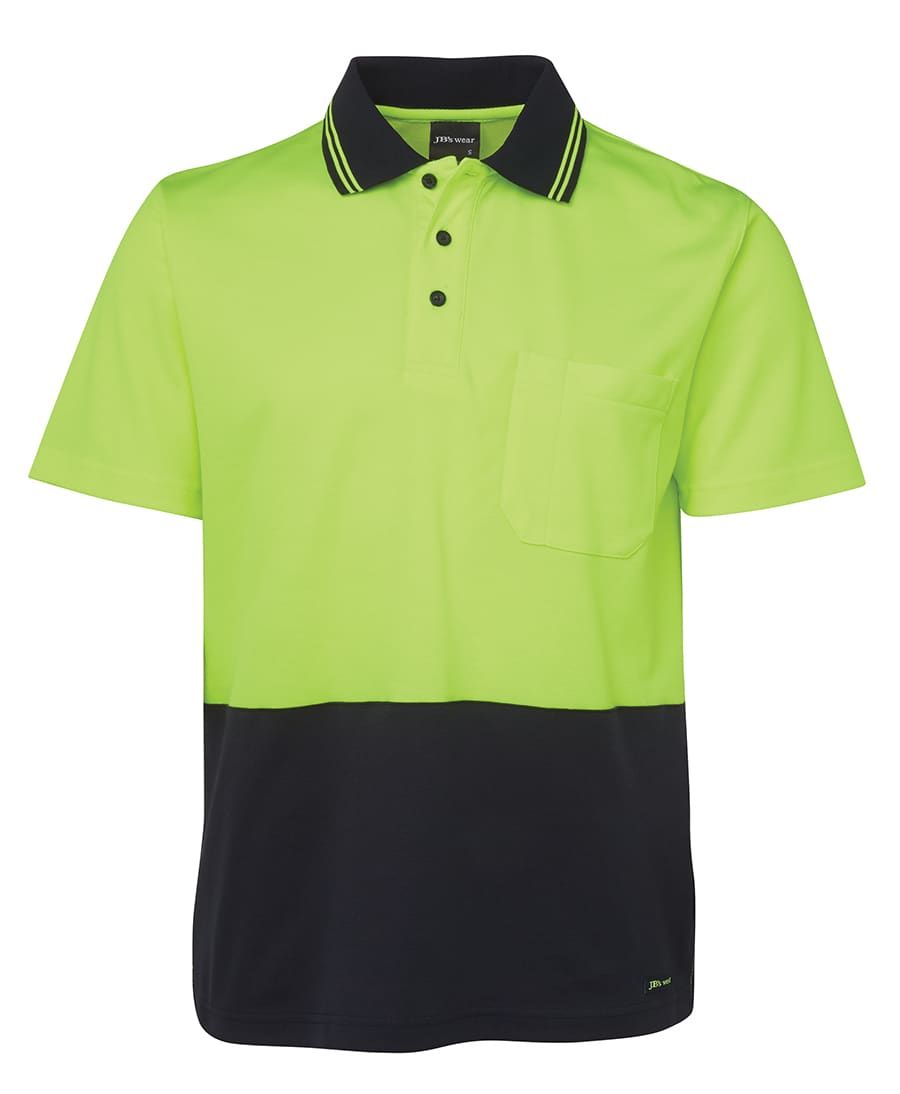 High visibility short-sleeve polo shirt in bright green with a black lower section and a breast pocket. Includes branding. JB's Hv Non Cuff S/S Cotton Back Polo - Image 1