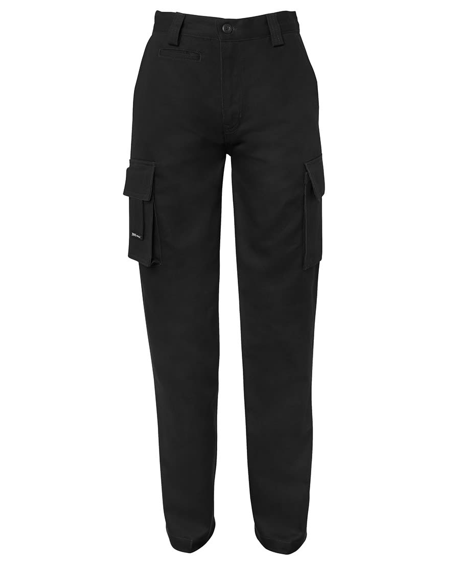Navy cargo pants featuring multiple pockets and a straight-leg design. Includes a small logo on the waistband. JB's Ladies Multi Pkt Pant Navy - Image 1