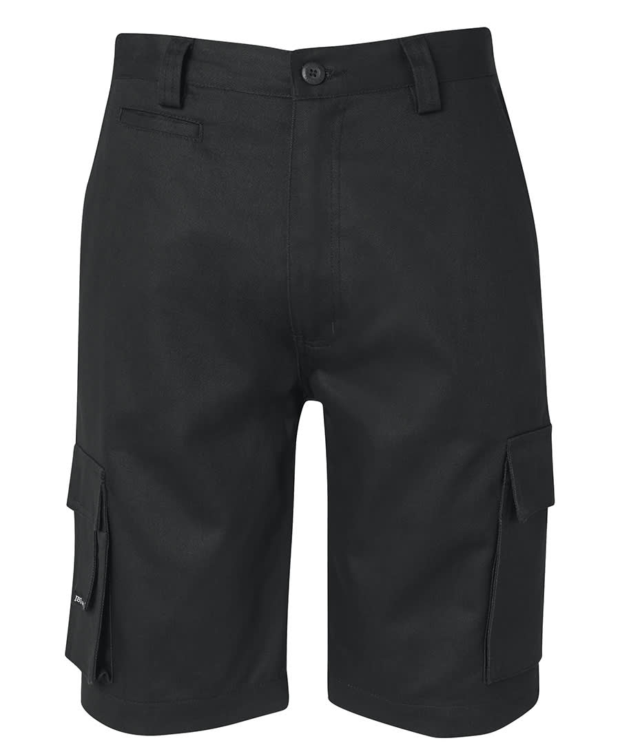 Black cargo shorts featuring multiple pockets and a branded logo. Suitable for casual or functional wear. JB's M/Rised Multi Pkt Short - Image 1