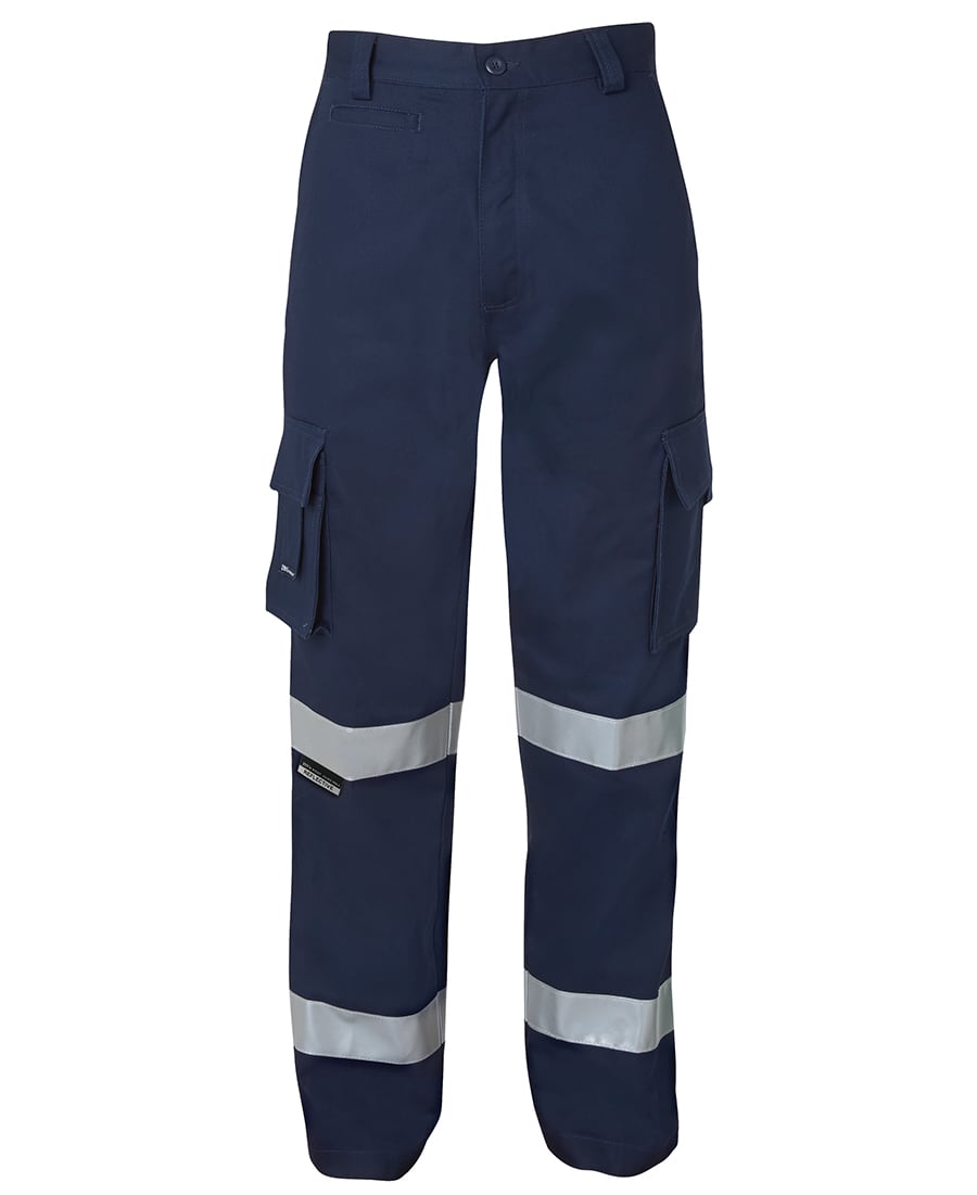 Navy work pants featuring reflective tape, with multiple cargo pockets and a logo. Suitable for workwear. JB's Biomotion Lt Weight Pant With Reflective Tape - Image 1