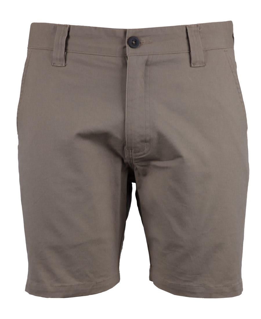 A pair of khaki dress shorts with a button and zipper closure, featuring a simple design and front pockets. JB's Stretch Canvas Short - Image 1
