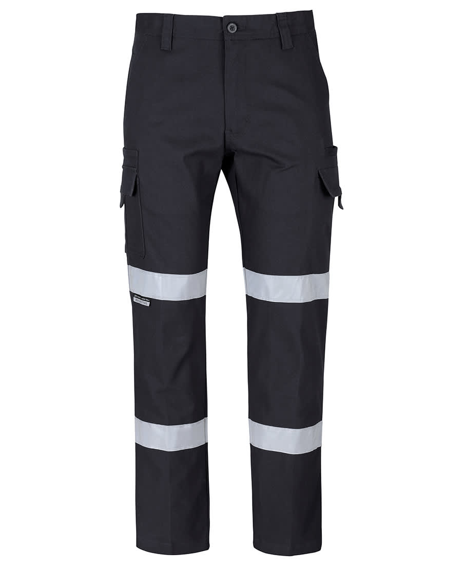 A pair of black cargo pants featuring reflective tape and multiple pockets, with a logo on the fabric. JB's Multi Pkt Stretch Canvas Pant With D+N Tape - Image 1