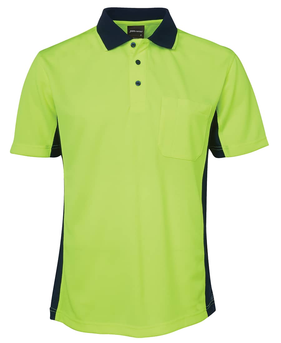 A bright yellow-green short sleeve polo shirt with a navy collar and side panels, featuring a chest pocket and a logo. JB's Hv S/S Sport Polo - Image 1