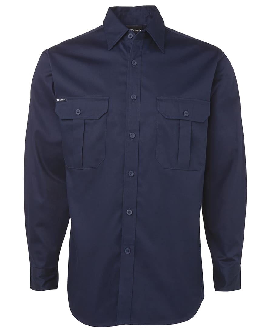 A navy work shirt with a collar, two chest pockets, and a logo on the sleeve. JB's L/S 190 G Work Shirt - Image 1