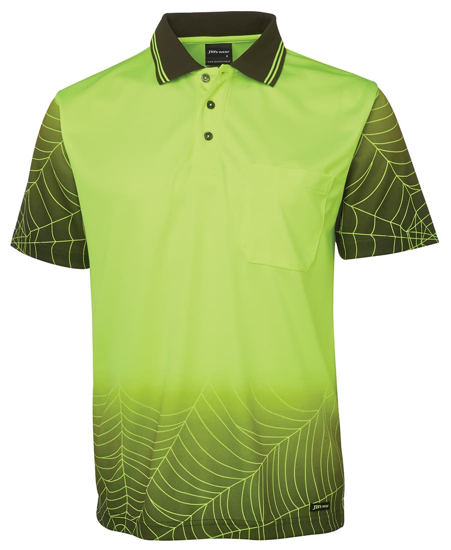 A bright green polo shirt with a web pattern, featuring a collar and a front pocket, plus a logo. JB's Hi Vis S/S Web Polo - Image 1