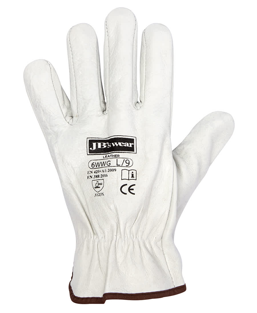 A white leather glove with a brown cuff, featuring a logo and several text details. JB's Premium Rigger Glove (12 Pk) Ce 3,1,2,3 - Image 1