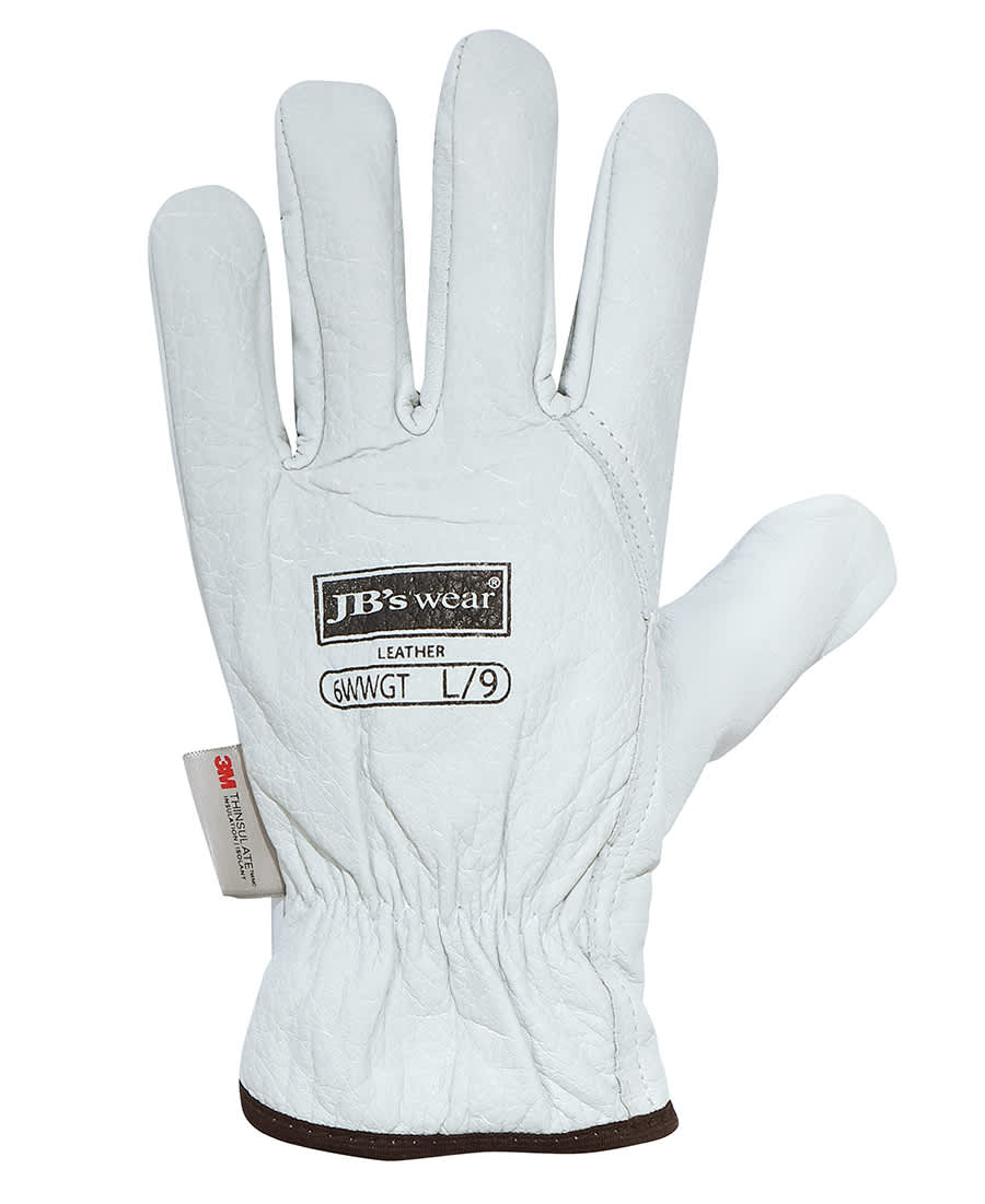 A white leather glove with a branded label, featuring five fingers and an elastic cuff. JB's Arctic Rigger Glove (12 Pk) - Image 1