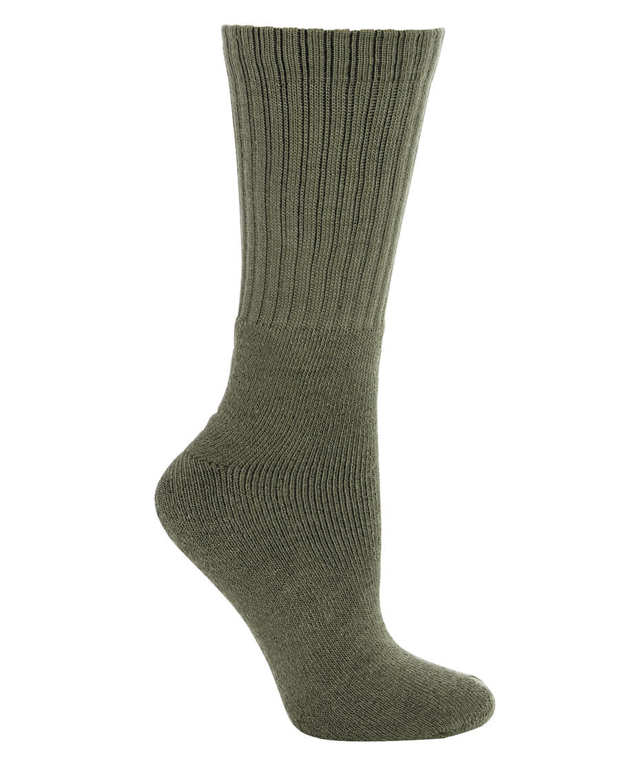 A green sock with a ribbed design, featuring a rounded toe and reinforced heel. Includes a branding logo. JB's Outdoor Sock 3 Pack - Image 1