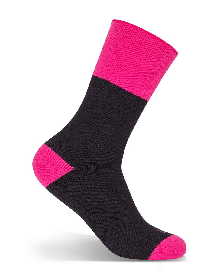 A pair of black work socks with a pink cuff and toe, featuring a branding logo. JB's Ladies Ultra Thick Bamboo Work Sock - Image 1
