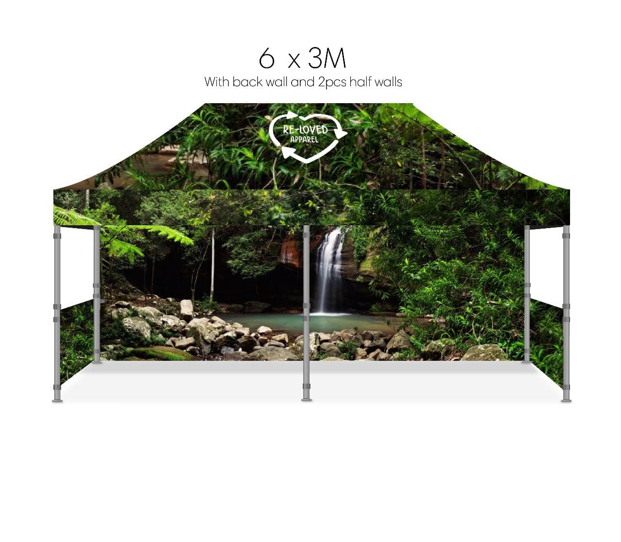 A 3M x 6M sustainable rPET pop-up tent featuring a nature-themed design with green foliage and a waterfall backdrop. Sustainable rPET Pop-up Tent (3M X 6M) - Image 1