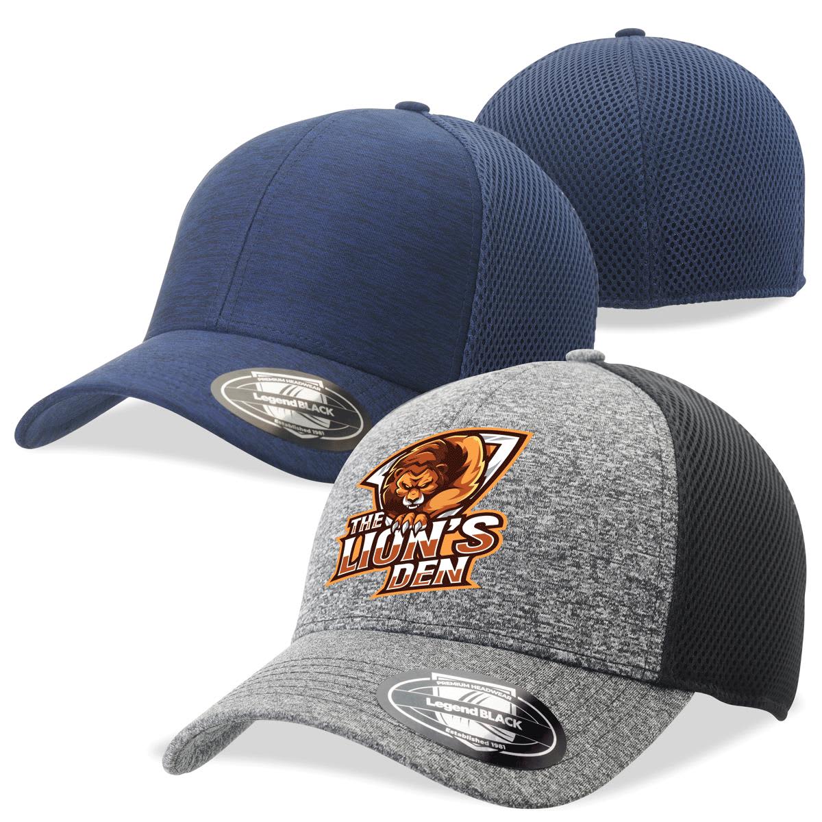 Three trucker caps in navy blue, dark grey, and light grey with mesh backing; one features a logo. Pro Fit - Image 1