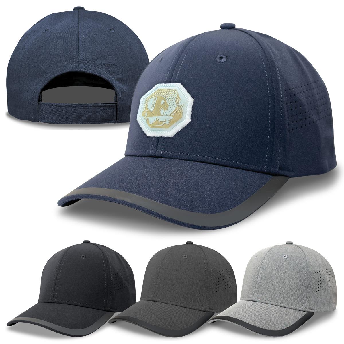 A navy cap with a logo, featuring black, grey, and light grey options, showcasing a sleek design and curved brim. Circuit Cap - Image 1