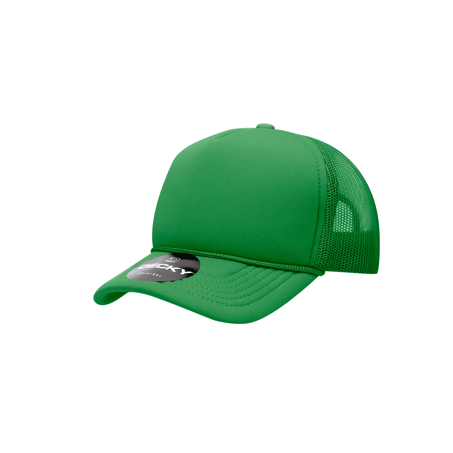 A green 5 panel mid-profile structured foam trucker cap with mesh sides and a branded logo. Youth 5 Panel Mid Profile Structured Foam Trucker - Image 1
