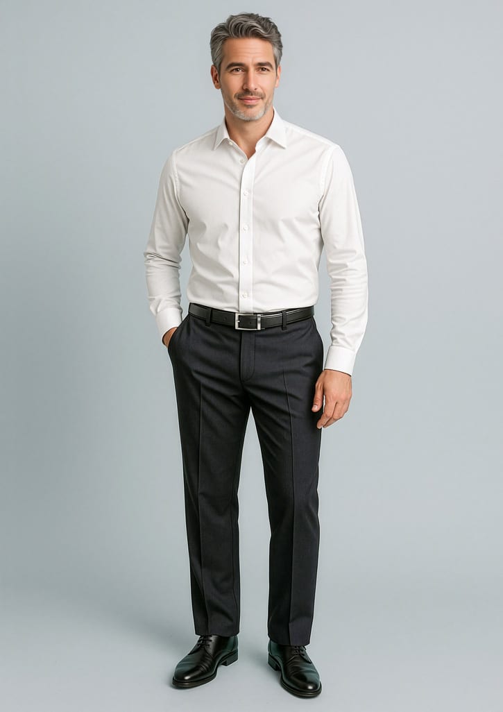 Men's black stretch adjustable waist pants, paired with a white shirt and shoes, featuring a logo. Mens Cool Stretch Adjustable Waist Pant (Stout) - Image 1