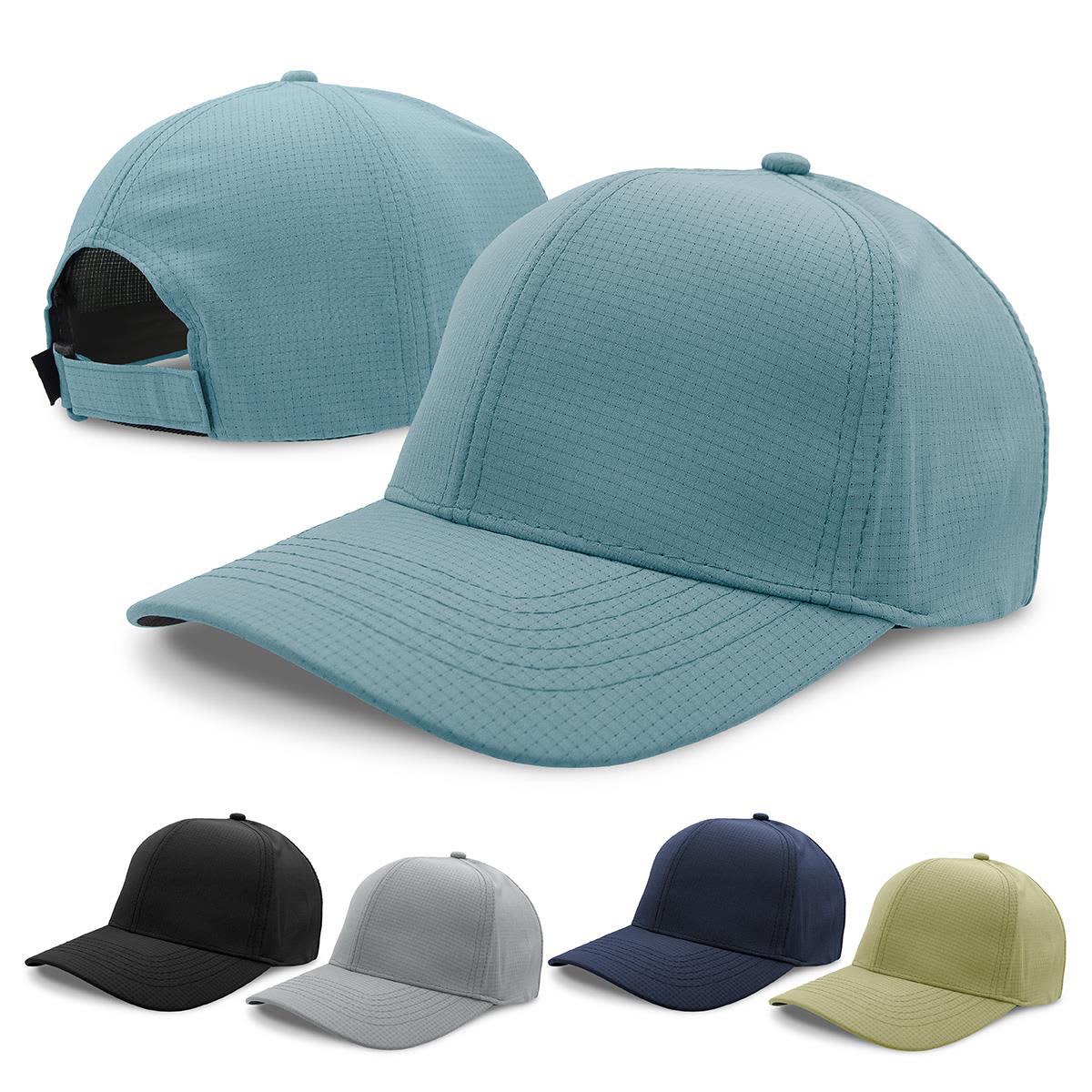 A set of caps in light blue, black, grey, navy, and olive green, featuring a logo on the front. Sail Cap - Image 1