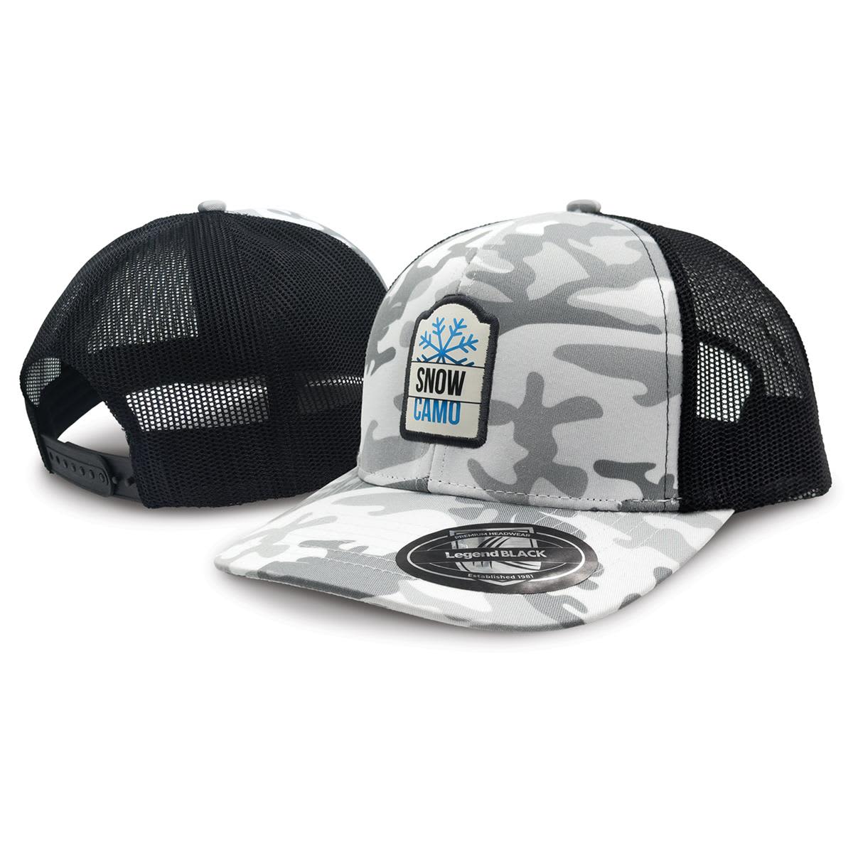 A grey and black trucker cap featuring a camouflage pattern and a branded patch on the front. Snow Camo Trucker - Image 1