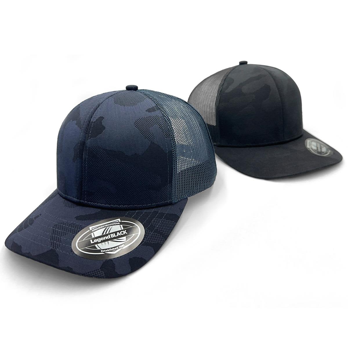 A dark navy and black trucker cap set, featuring a camo design and mesh backs, with branding on the front. Dark Night Trucker - Image 1