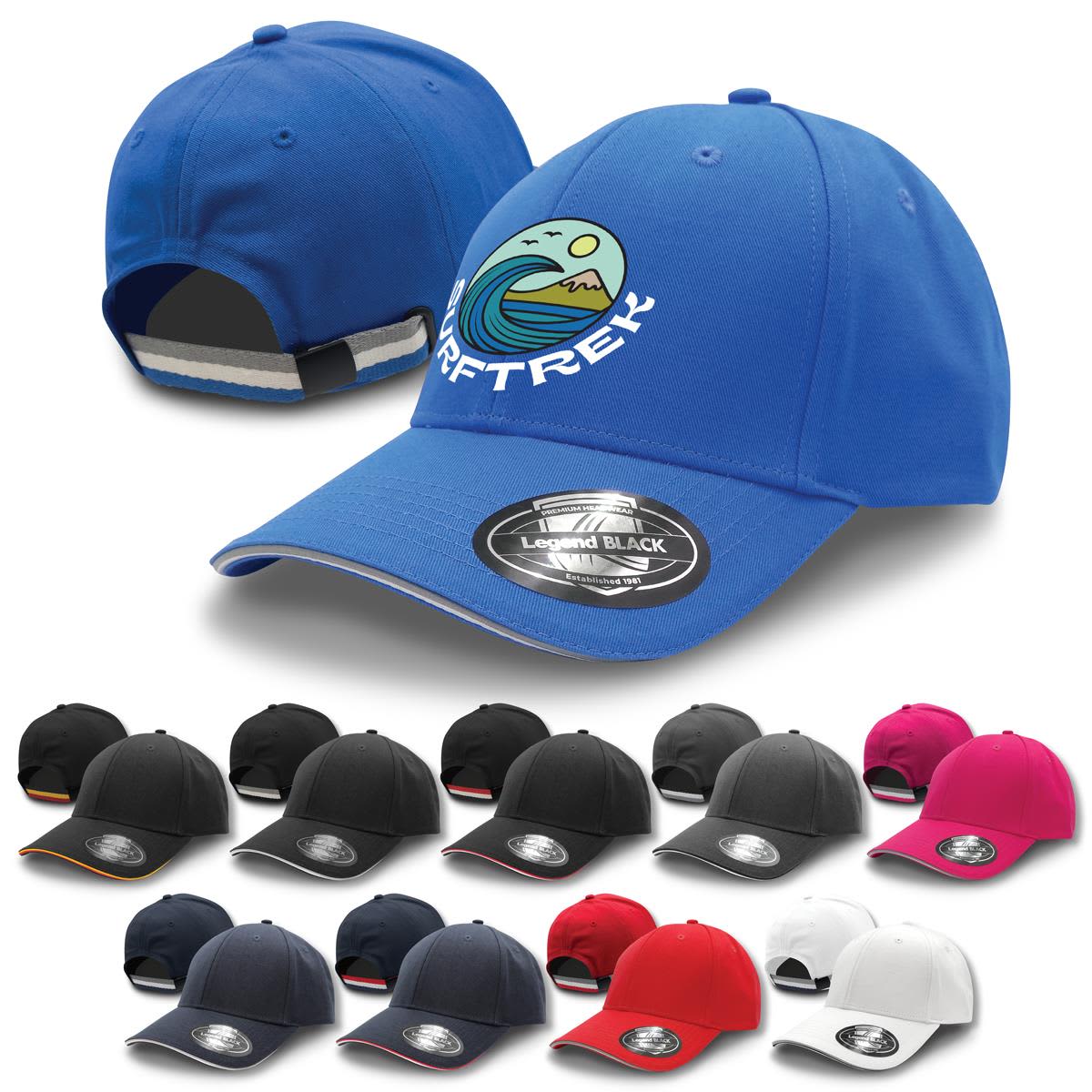 A blue cap with a logo, featuring various additional caps in black, white, pink, and other colours. San Marino Cap - Image 1