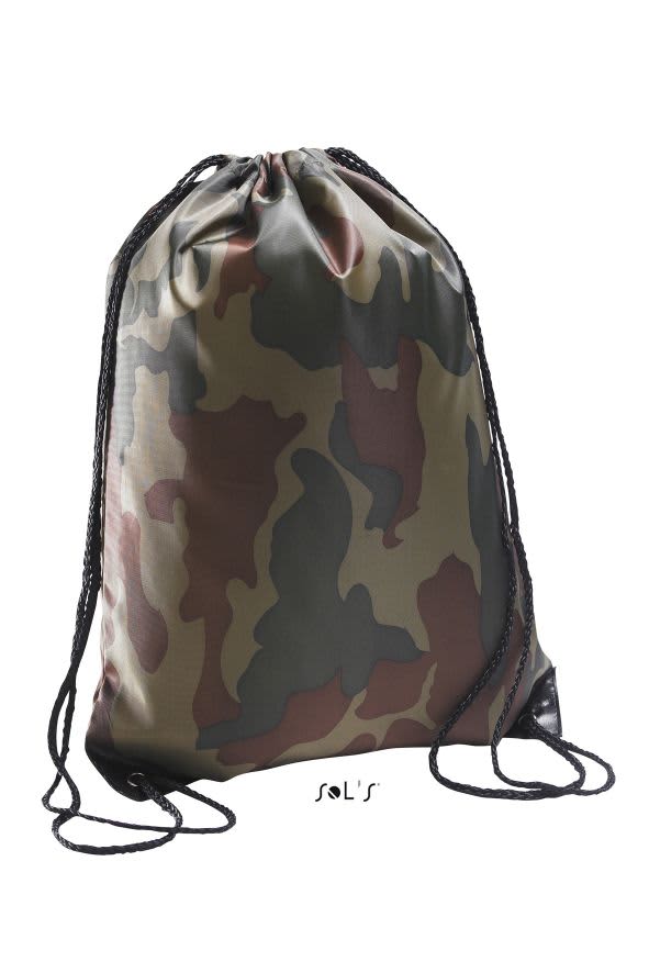 A camouflage drawstring bag Back Sack featuring a mix of greens, browns, and blacks, with a branded logo. Drawstring bag Back Sack - Image 1