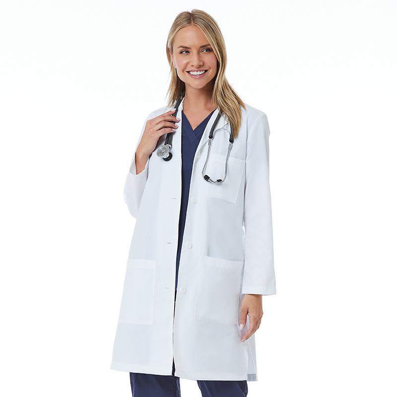 A woman wearing a full-length white lab coat with pockets and a stethoscope around her neck. Lab Coats Red Panda Womens Full Length Lab Coat - Image 1