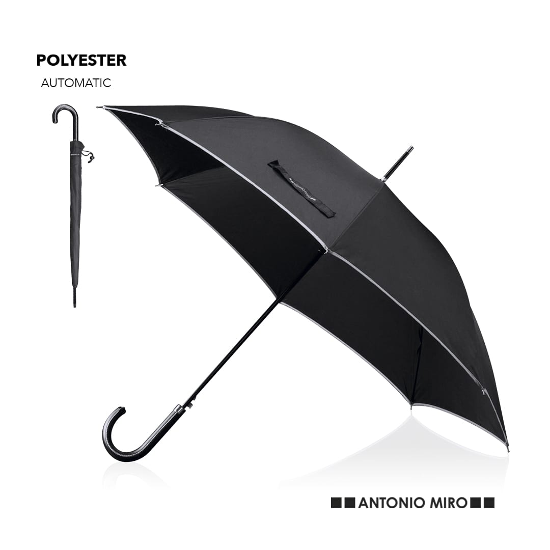 A black automatic umbrella with a curved handle and silver detailing. It features a logo on its surface. Royal Umbrella - Image 1
