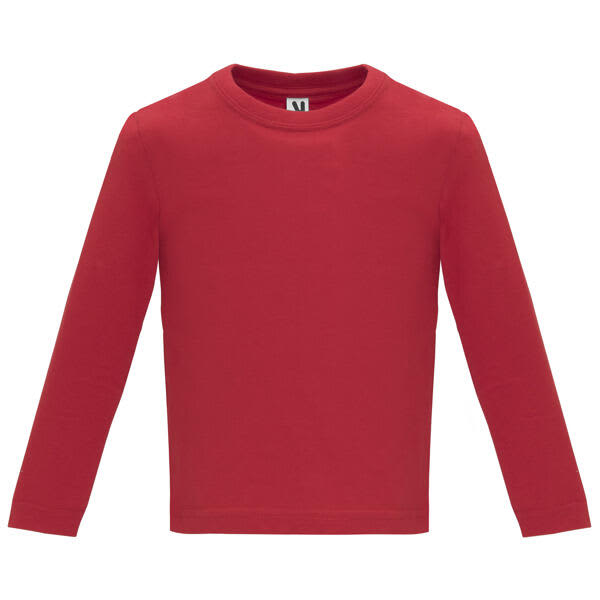 A red long-sleeved youth T-shirt with a simple design and a logo on the label. Baby Long Sleeved T-Shirt (Youth) - Image 1