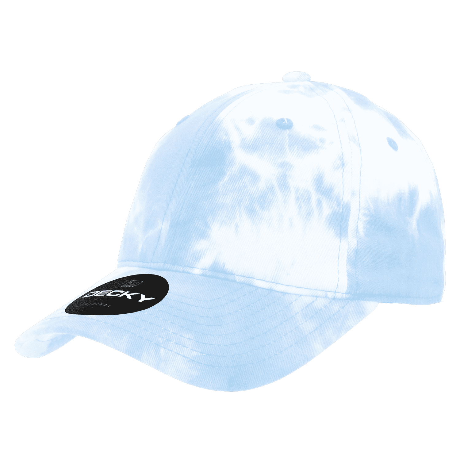 A tie-dye dad hat in light blue with a curved brim and an adjustable strap. It features a logo on the front. 6 Panel Low Profile Relaxed Tie Dye Dad Hat - Image 1