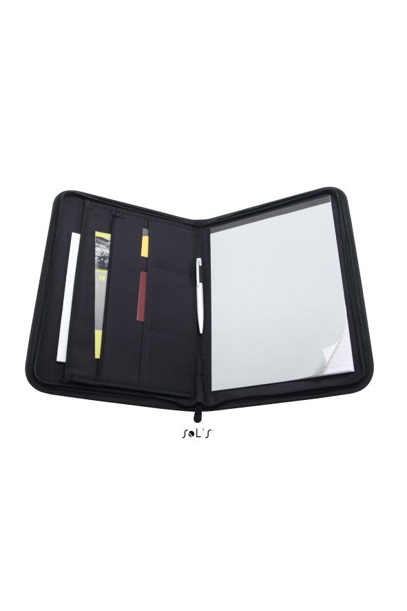A black zipped conference folder with internal pockets and a notepad. Includes space for a pen and documents. FORUM ZIPPED MICROFIBRE A4 CONFERENCE FOLDER WITH NOTEPAD - Image 1