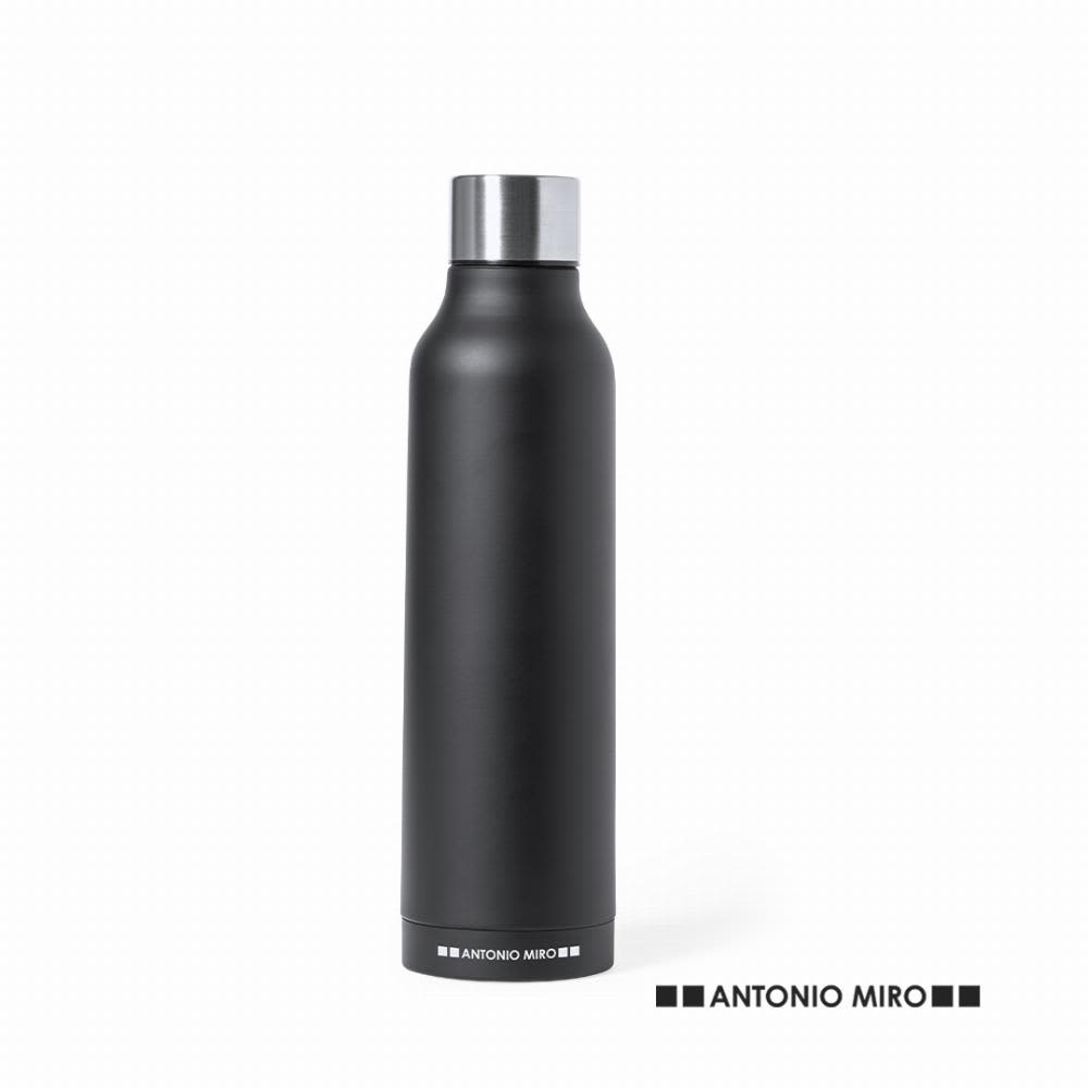 A drink bottle in matte black with a silver cap and a branding logo on the base. Thomson - Image 1