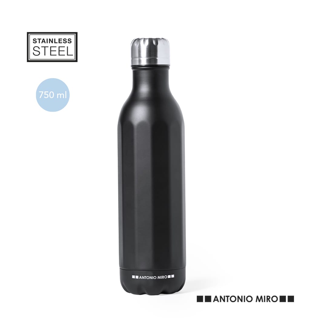 A drink bottle made of stainless steel, featuring a sleek black design and a silver top, with a branding logo. Wilson Bottle - Image 1