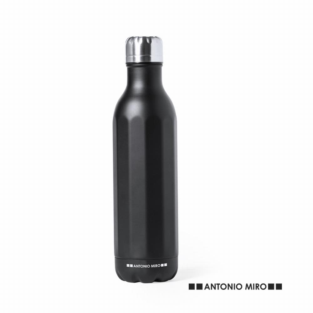 A black drink bottle with a sleek design and a metallic cap, featuring a logo on the bottom. Wilson - Image 1