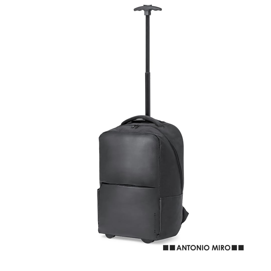 A black trolley backpack with a retractable handle and a front pocket, featuring a logo. Gibut Trolley Backpack - Image 1