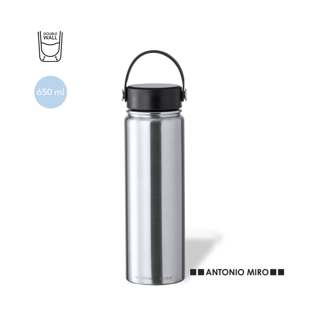 A drink bottle with a sleek silver design, featuring a black lid and a handle, marked with a logo. Xegaz Insulated Bottle - Image 1