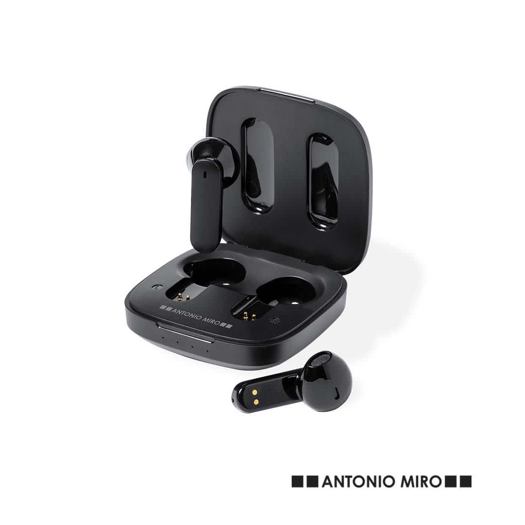 Black earbuds inside a black charging case, with a visible logo and a sleek design. Trustal Earphones - Image 1